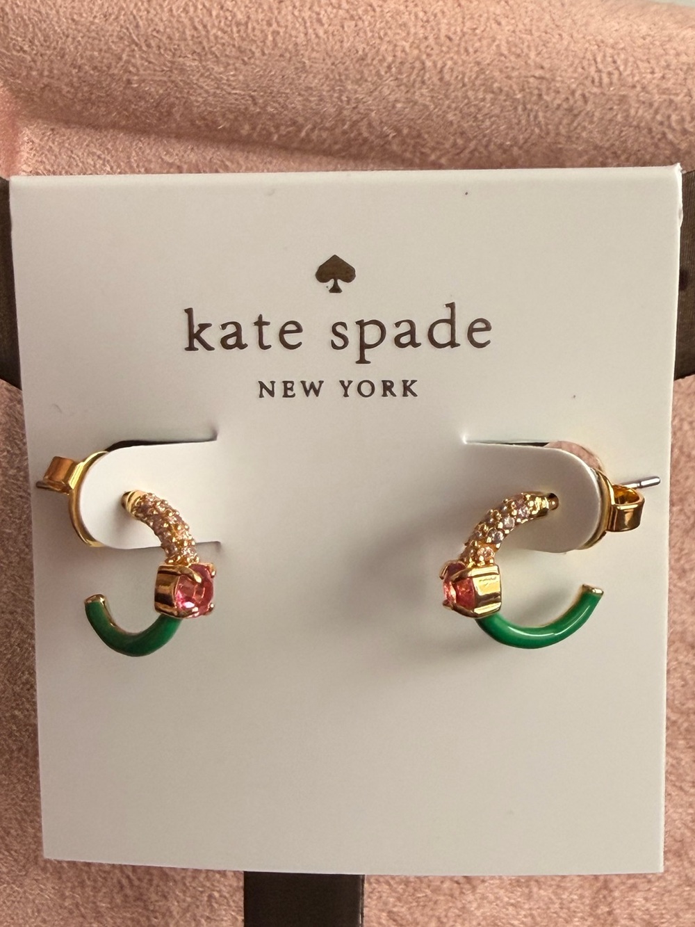 Kate Spade Green Enamel Pink Crystal Mini Hoop Earrings